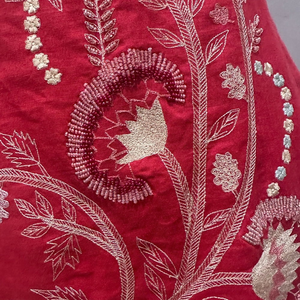 French Connection deep coral Midi Dress with pink and White Embroidery - Picture 3 of 7